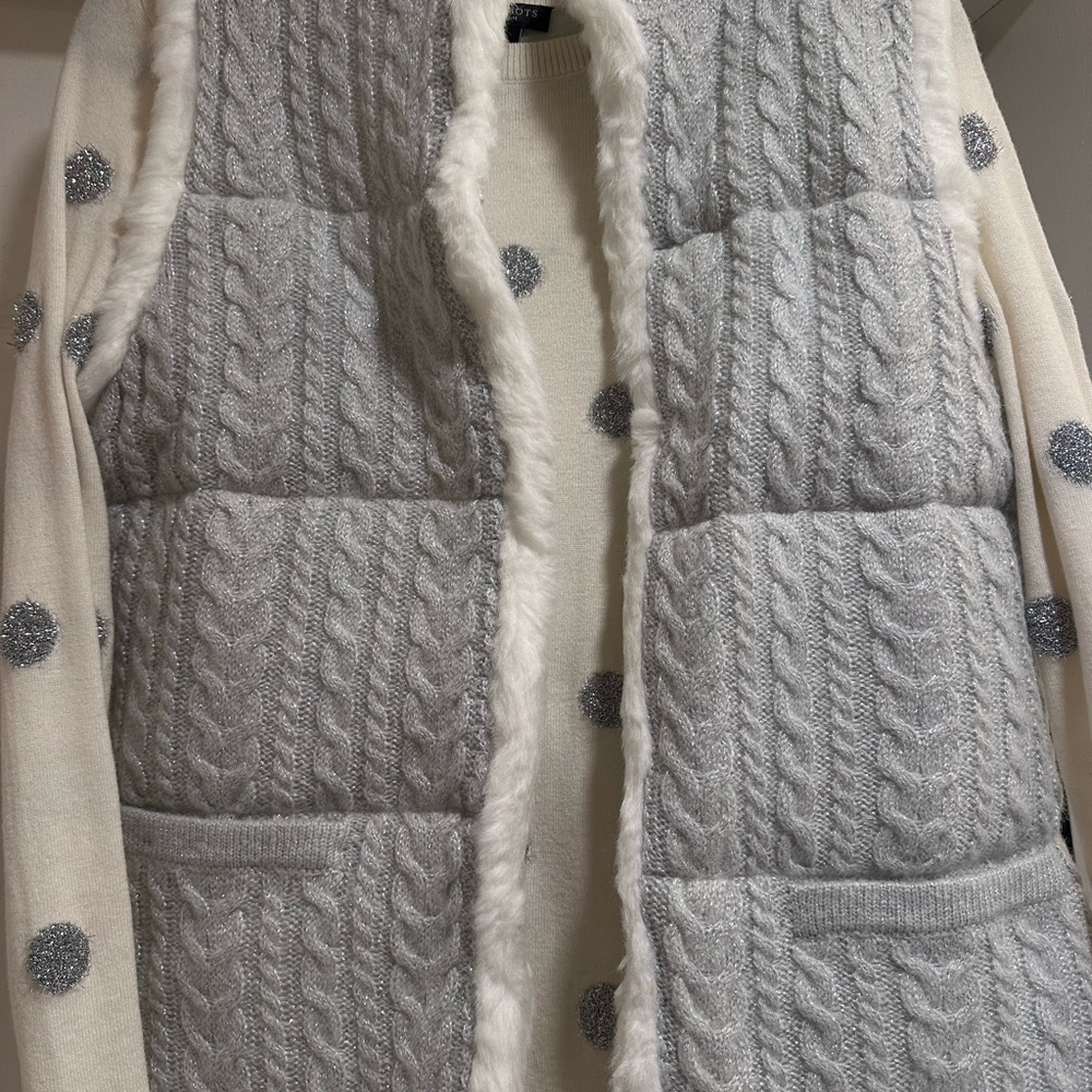 Talbots Silver Cable Knit Cardigan with Faux Fur Trim